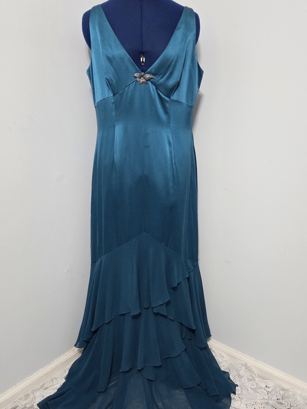 Vintage Teal Silk Tiered Gown Size 14